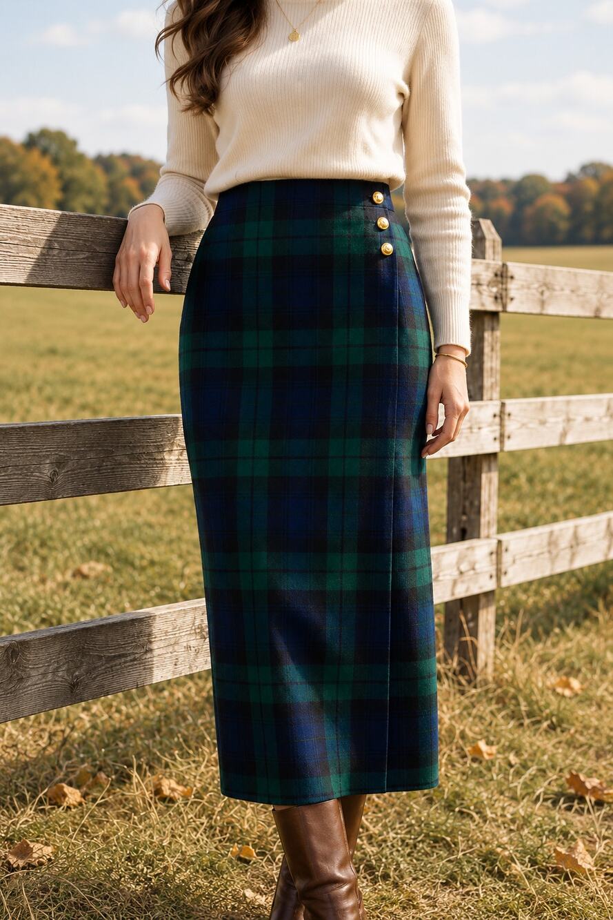 Vintage Lauren Ralph Lauren Blackwatch Wool Skirt USA 8 Plaid Midi Wrap